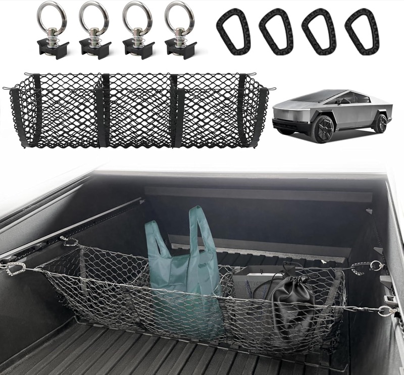 Three-compartment cargo net installed in a Cybertruck bed