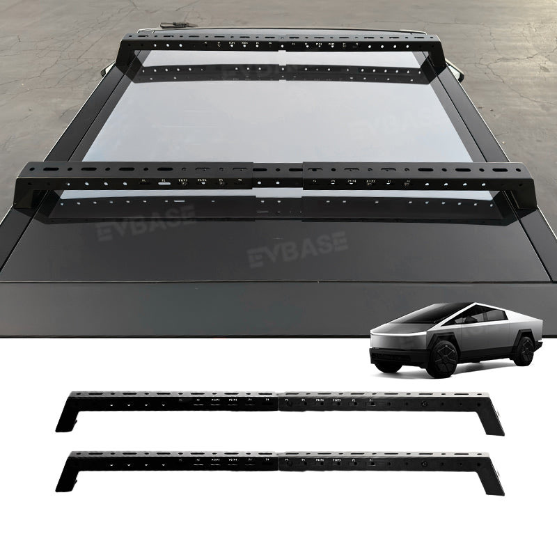 EVBASE telescoping crossbars installed on a Tesla Cybertruck