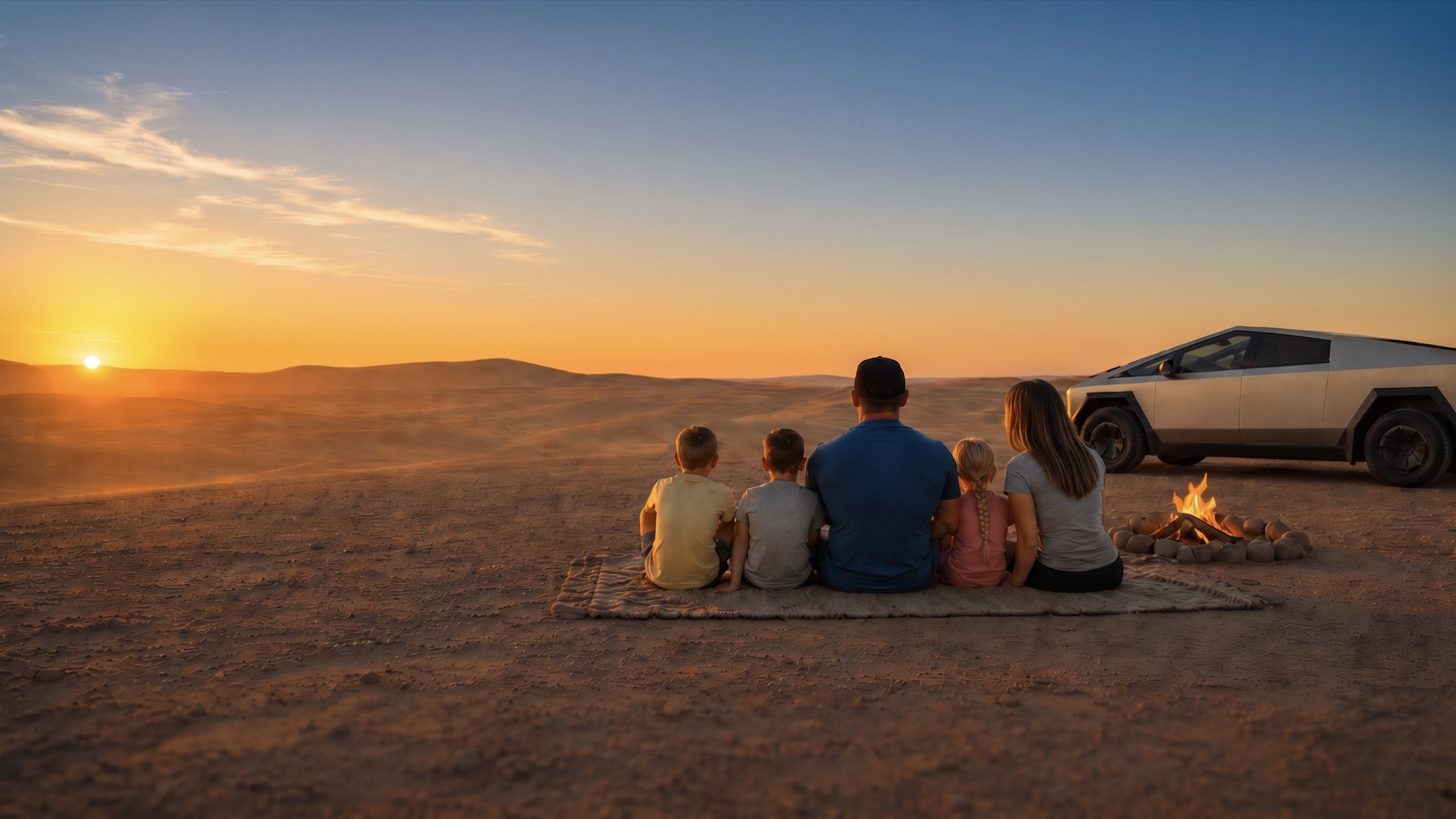 A family watching the desert sunset beside a Cybertruck and campfire