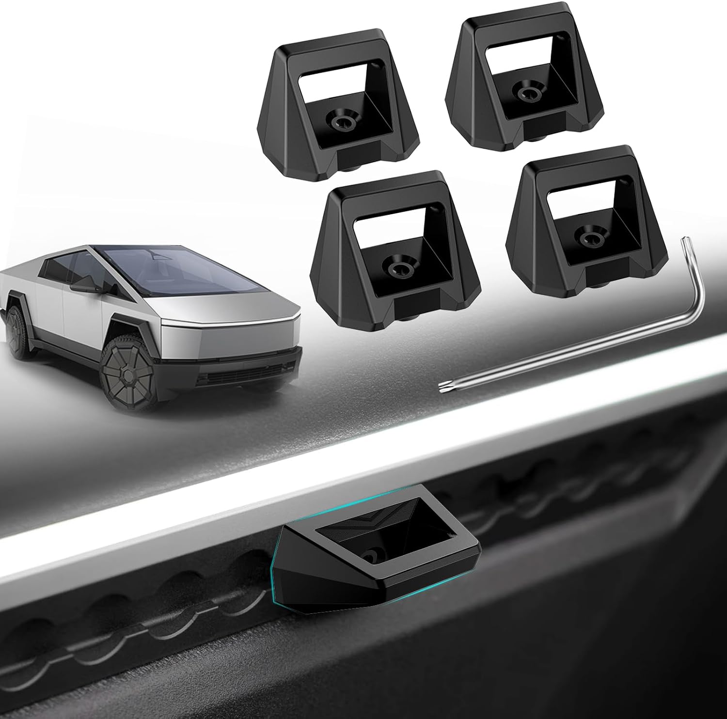 Four black L-Track hooks for the Cybertruck cargo bed
