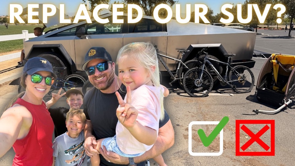 Weekend Gold family with four bikes and a Cybertruck during a family SUV test